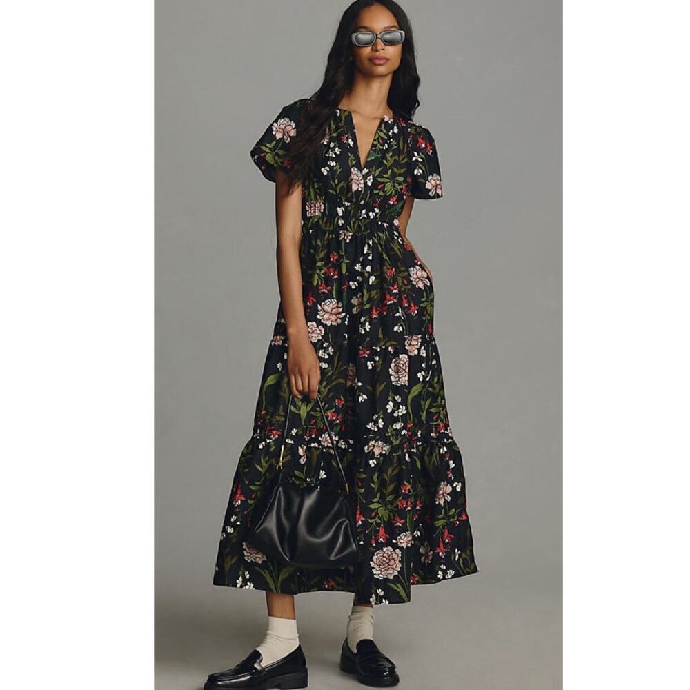 Anthropologie Somerset Maxi Dress Size XL Black Dark Floral Print Tiered - Picture 12 of 14